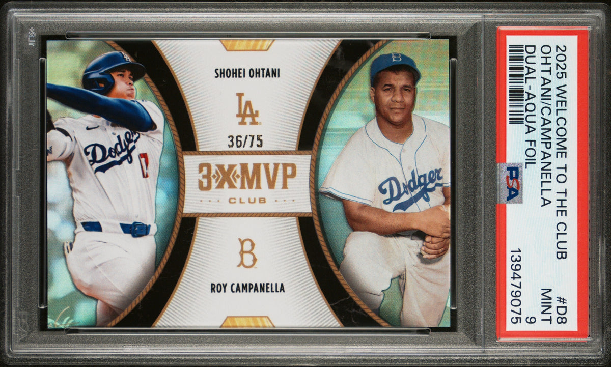 Shohei Ohtani Roy Campanella 2025 Topps Welcome To The Club Aqua 3x MVP SP 36/75 PSA 9