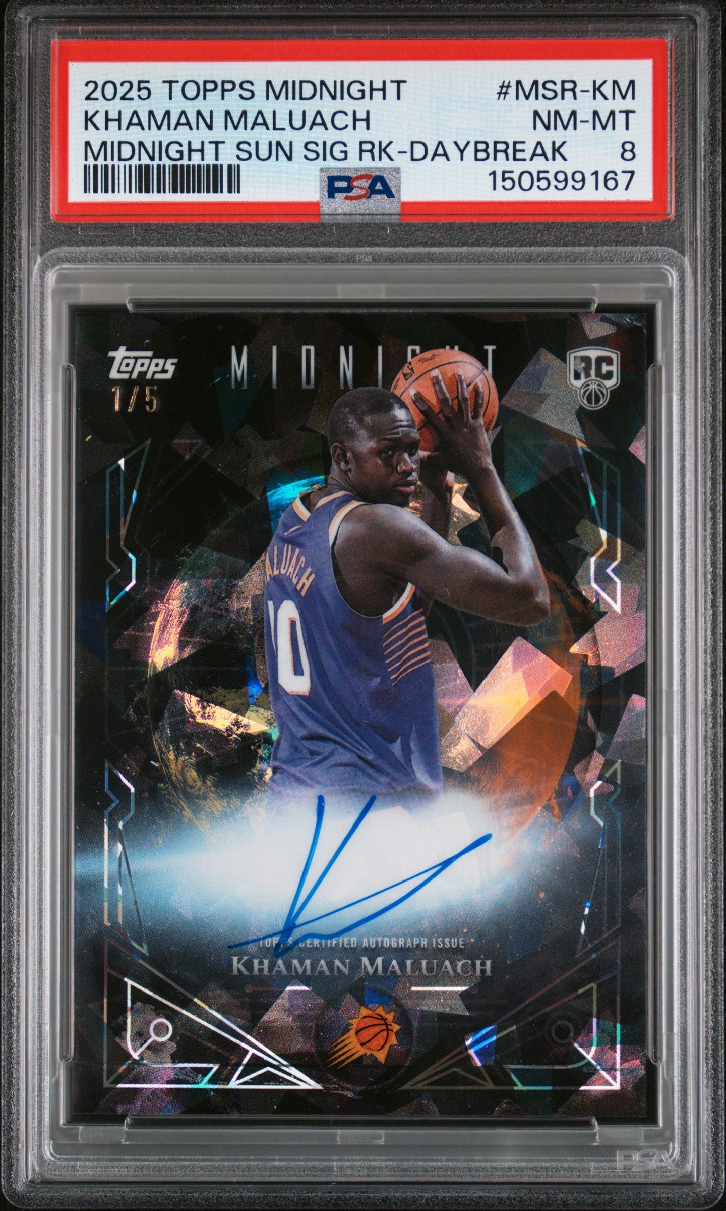 Khaman Maluach RC 2025-26 Topps Midnight Daybreak Midnight Sun Rookie Auto SP 1/5 PSA 8