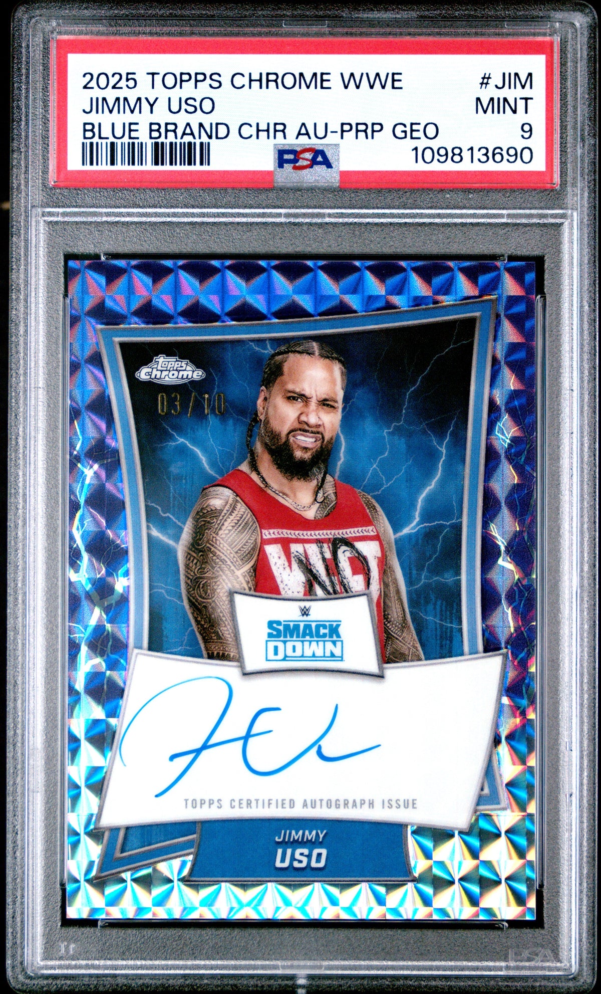 Jimmy Uso 2025 Topps Chrome WWE Purple Geometric Blue Brand Auto SP 3/10 PSA 9