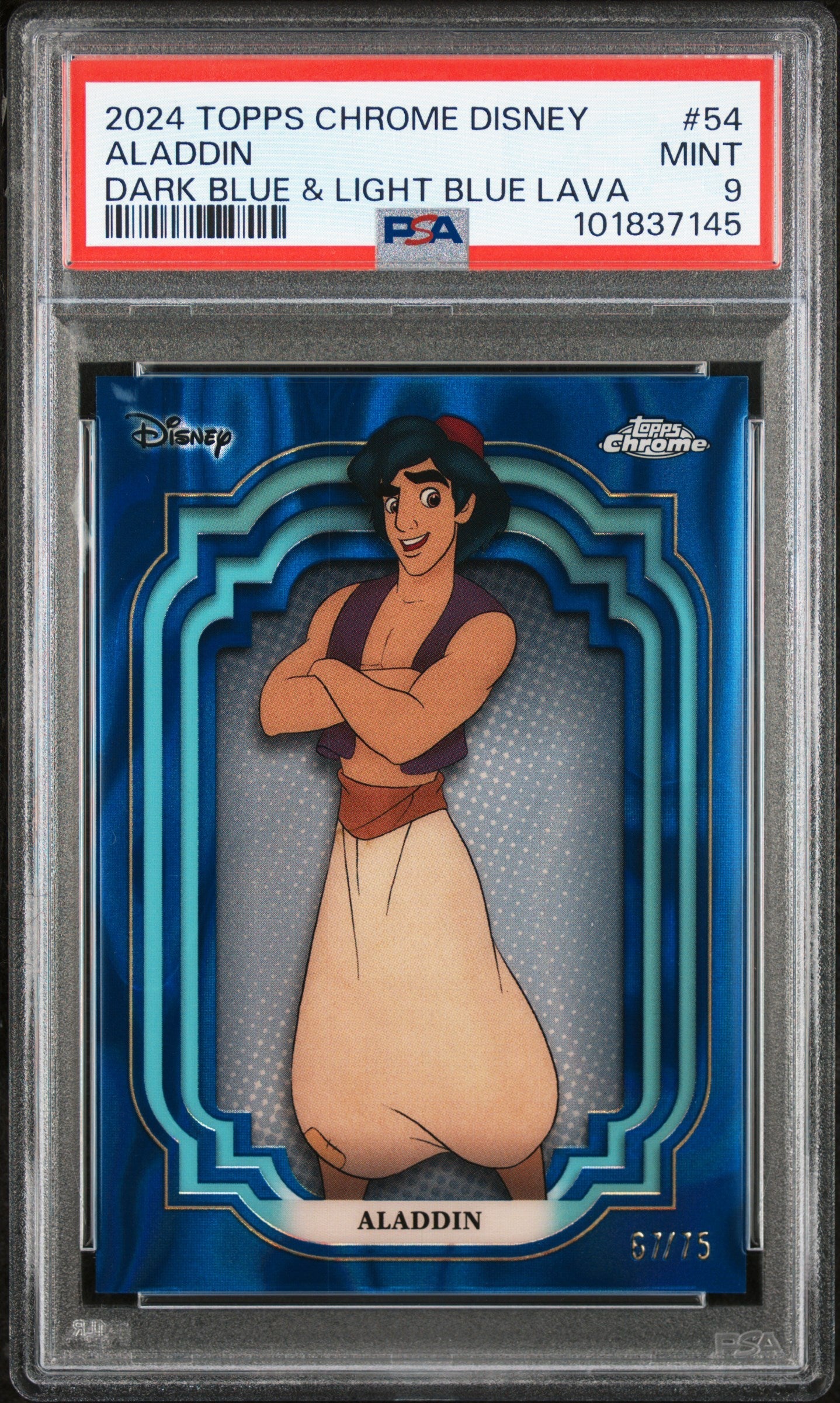 Aladdin 2024 Topps Chrome Disney Dark Light Blue Lava Refractor SP 67/75 PSA 9