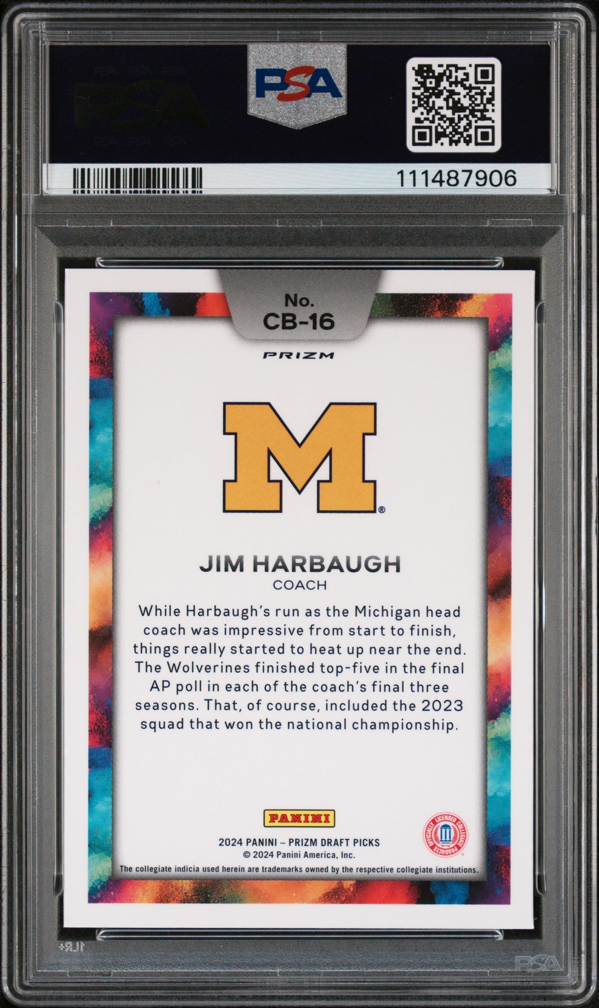 2024 Panini Prizm Draft Picks Black Color Blast #CB16 Jim Harbaugh PSA 10