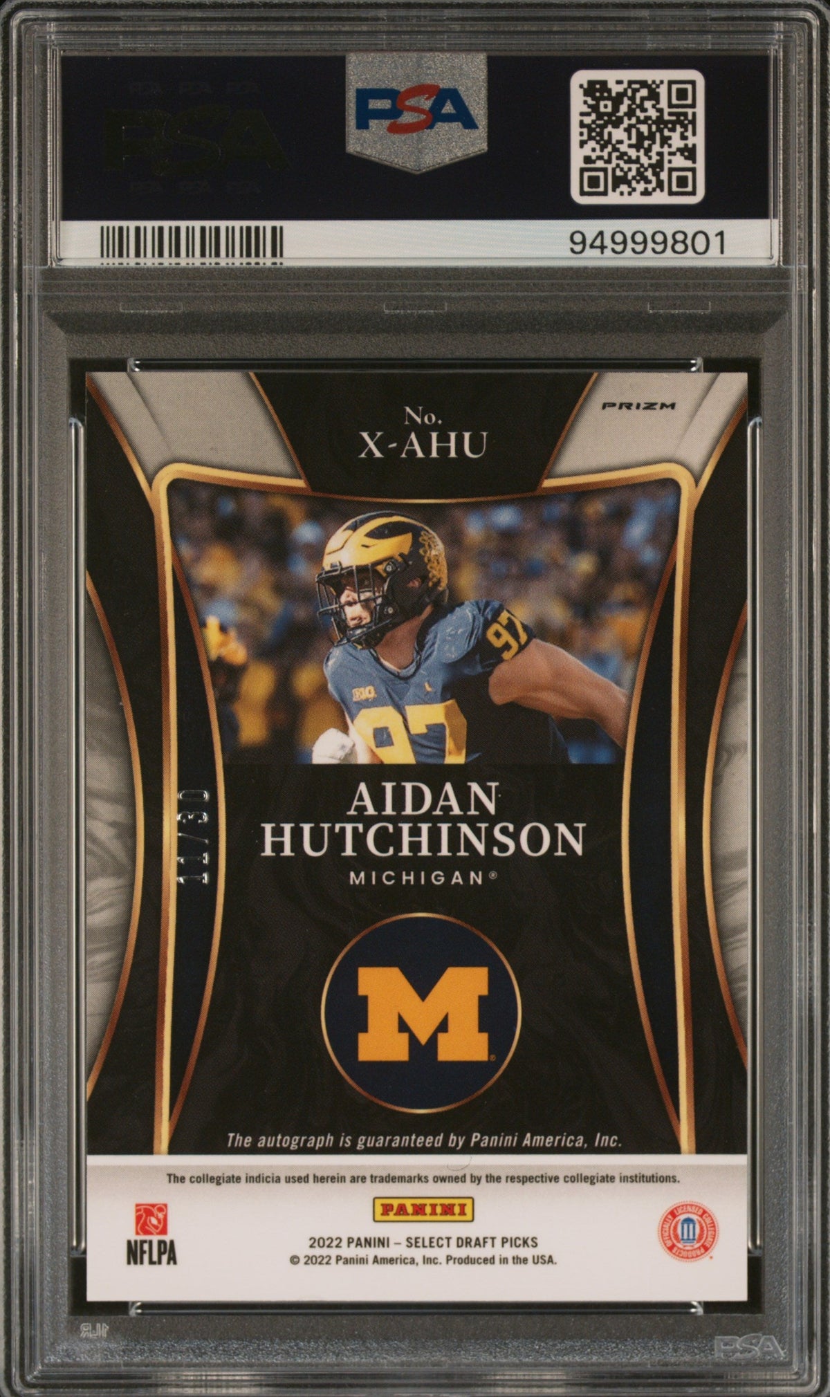 2022 Panini Select Draft Picks X-Factor Signatures #XAHU Aidan Hutchinson X/F Sg-Orange Pulsar Prz. 11/30 PSA 10