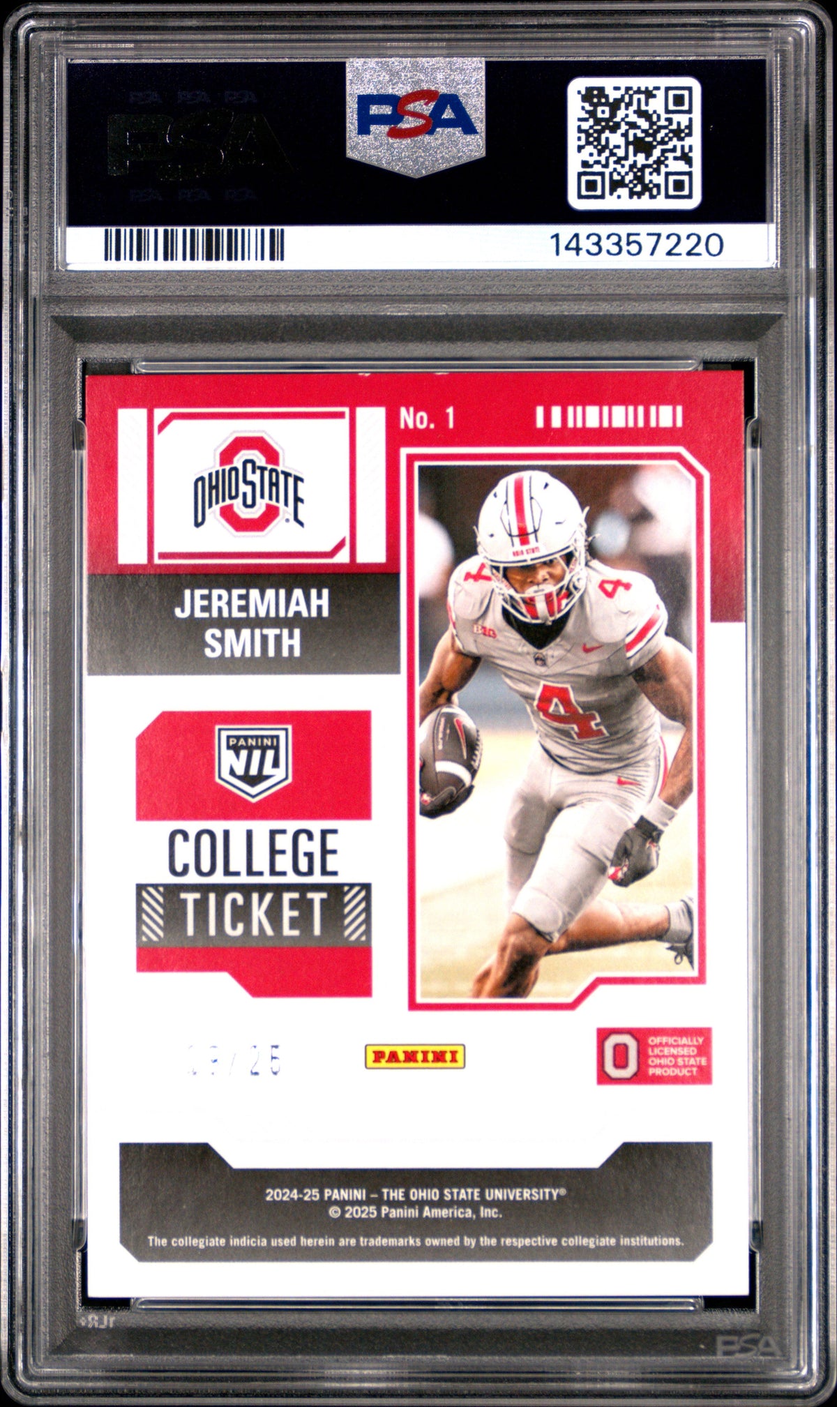 Jeremiah Smith 2024 Panini The Ohio State University Nil Contenders Contenders-Blue 19/25 #1 PSA 8