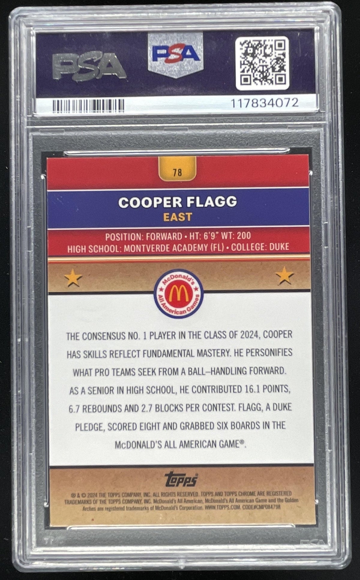2024 Topps Chrome McDonald's All-American Purple #78 Cooper Flagg /150 PSA 10