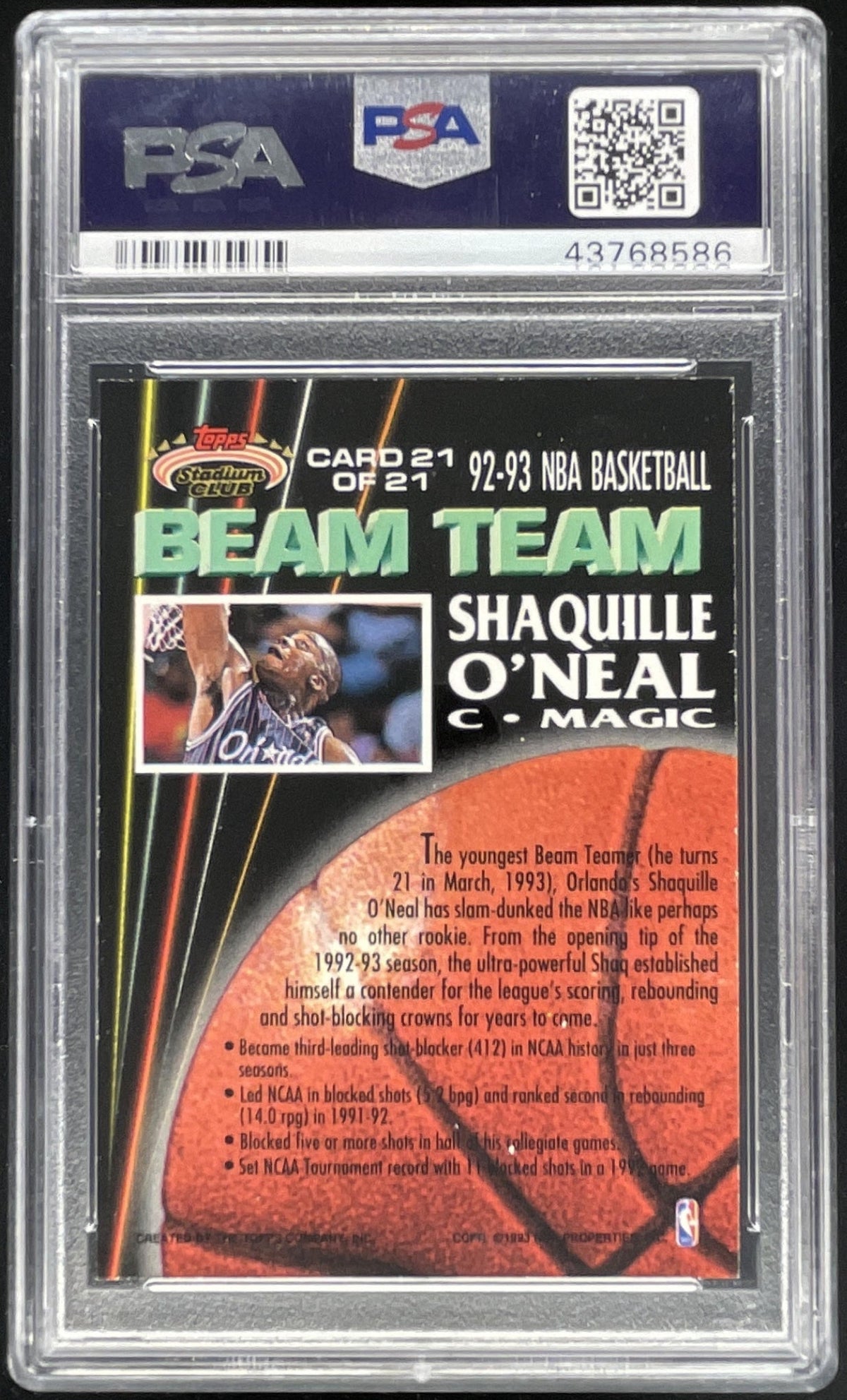 1992-93 Topps Stadium Club Beam Team Members Only #21 Shaquille O'Neal RC PSA 8