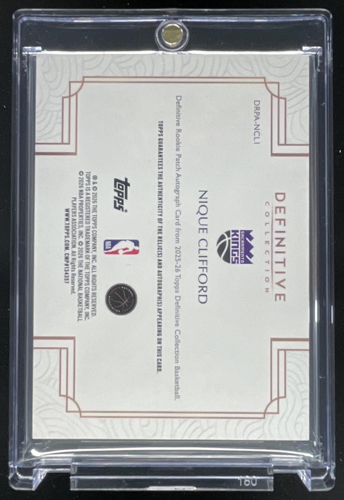 2025-26 Topps Definitive Collection Patch Pink Nique Clifford RC Auto /15