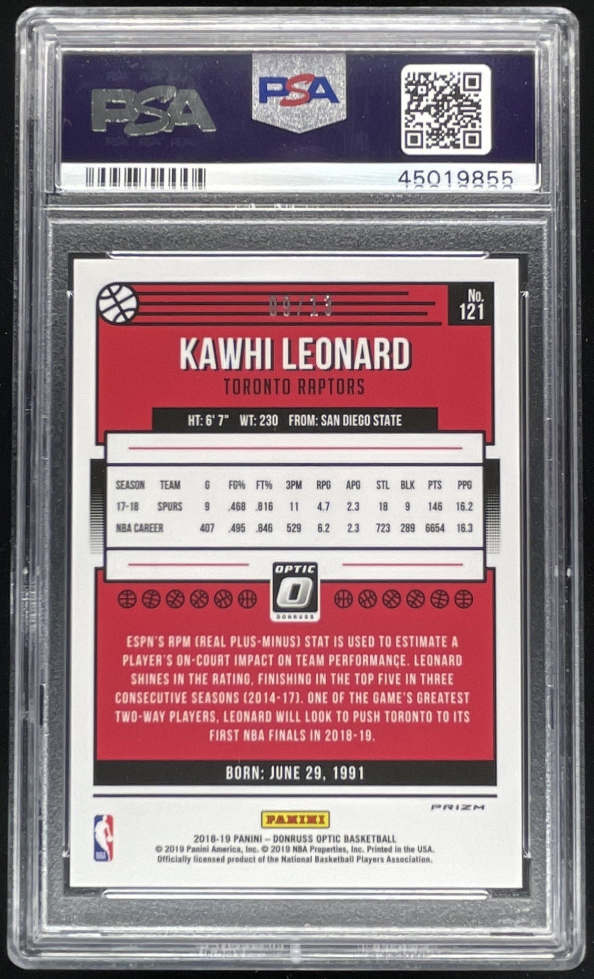 2018-19 Panini Donruss Optic Purple Stars FOTL #121 Kawhi Leonard /13 PSA 10