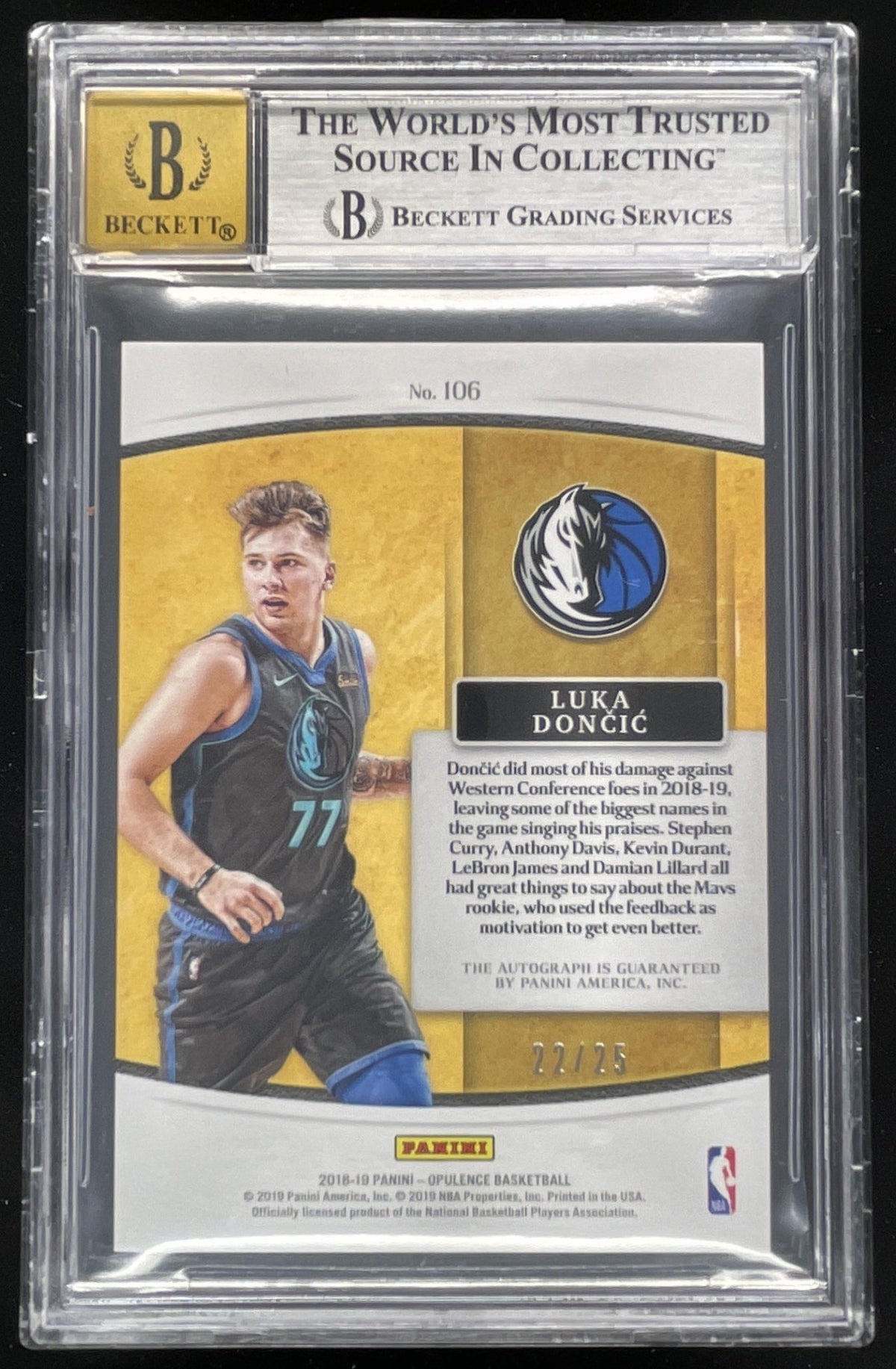 2018-19 Opulence Rookie Gold #106 Luka Doncic RC Auto /25 BGS 8