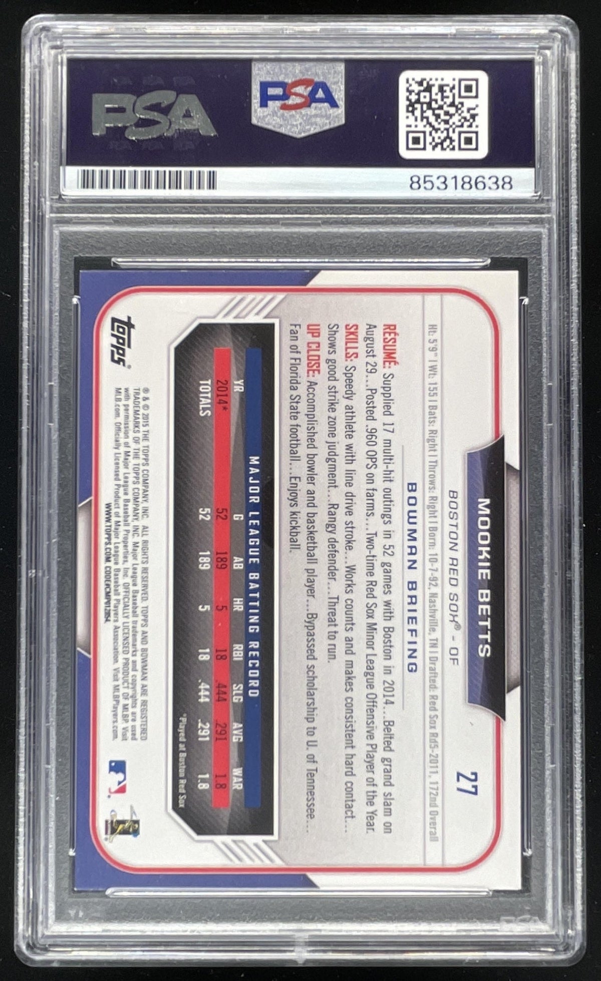 2015 Bowman #27 Mookie Betts Base On Card PSA/DNA Certified Authentic Auto