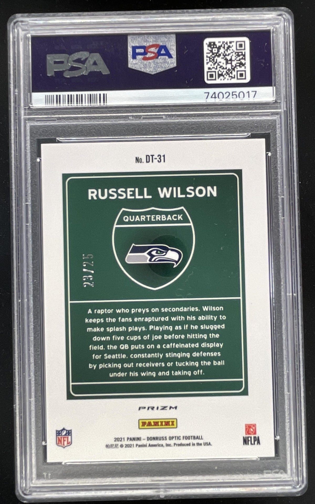 2021 Donruss Optic Downtown Black Pandora #DT31 Russel Wilson PSA 10