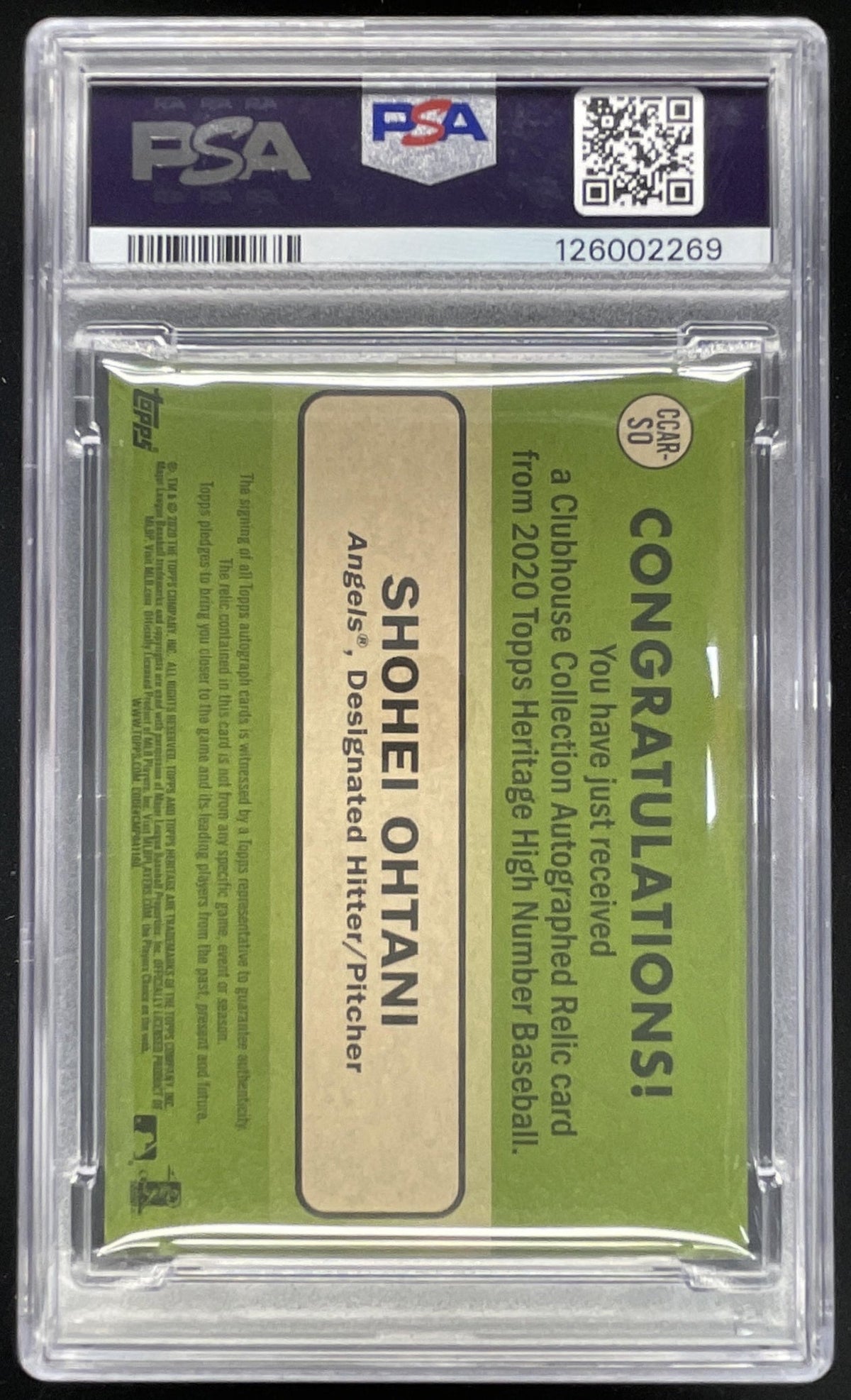 2020 Topps Heritage Clubhouse Relics High Number Shohei Ohtani Auto /25 PSA 8
