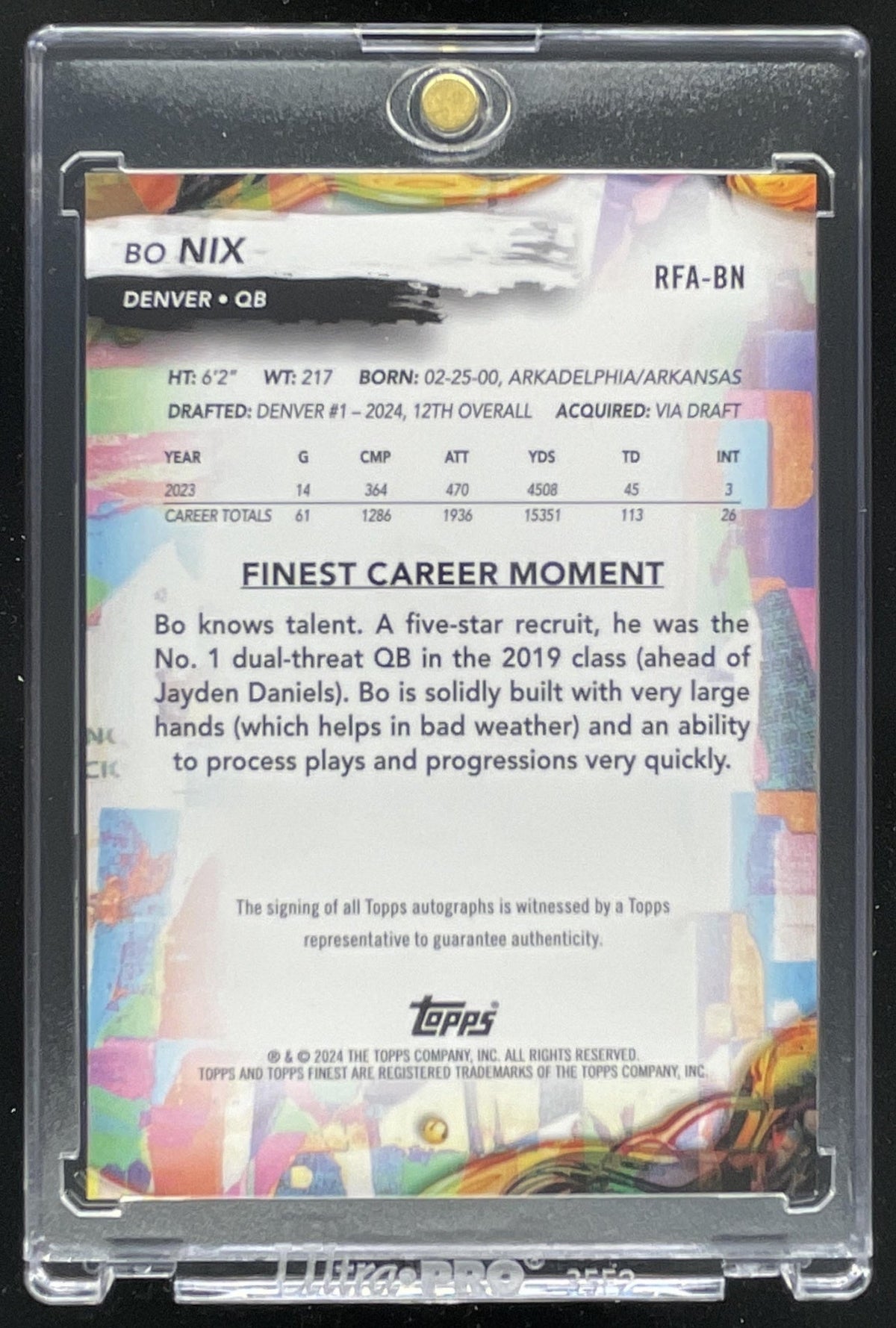 2024 Topps Finest Finest Autographs Black Refractor #RFA-BN Bo Nix RC Auto /25