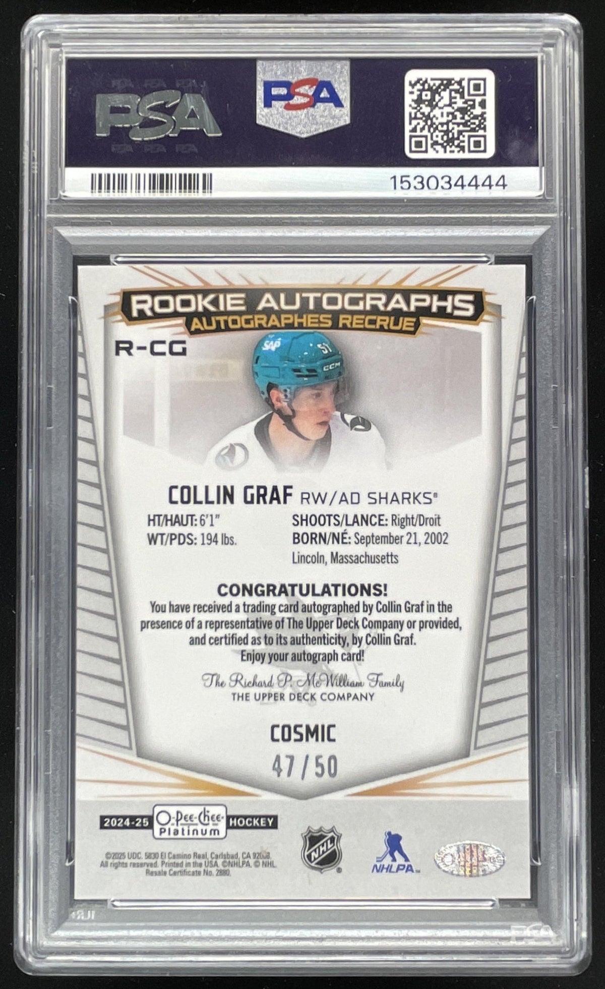 2024 O-Pee-Chee Platinum Rookie Auto Cosmic #R-CG Collin Graf RC Auto /50 PSA 10