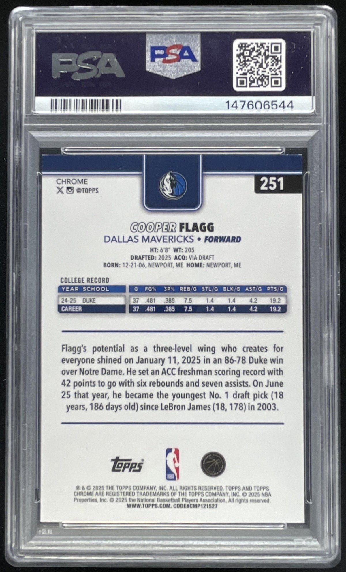 2025-26 Topps Chrome Image Variation #251 Cooper Flagg RC SSP PSA 9
