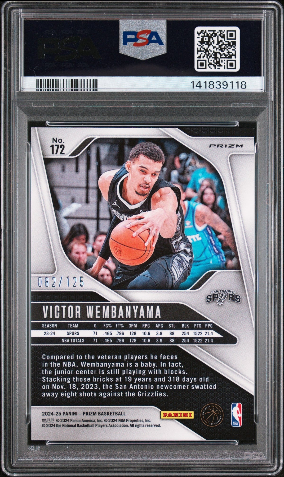 Victor Wembanyama 2024-25 Panini Prizm Blue Ice SP 82/125 PSA 9