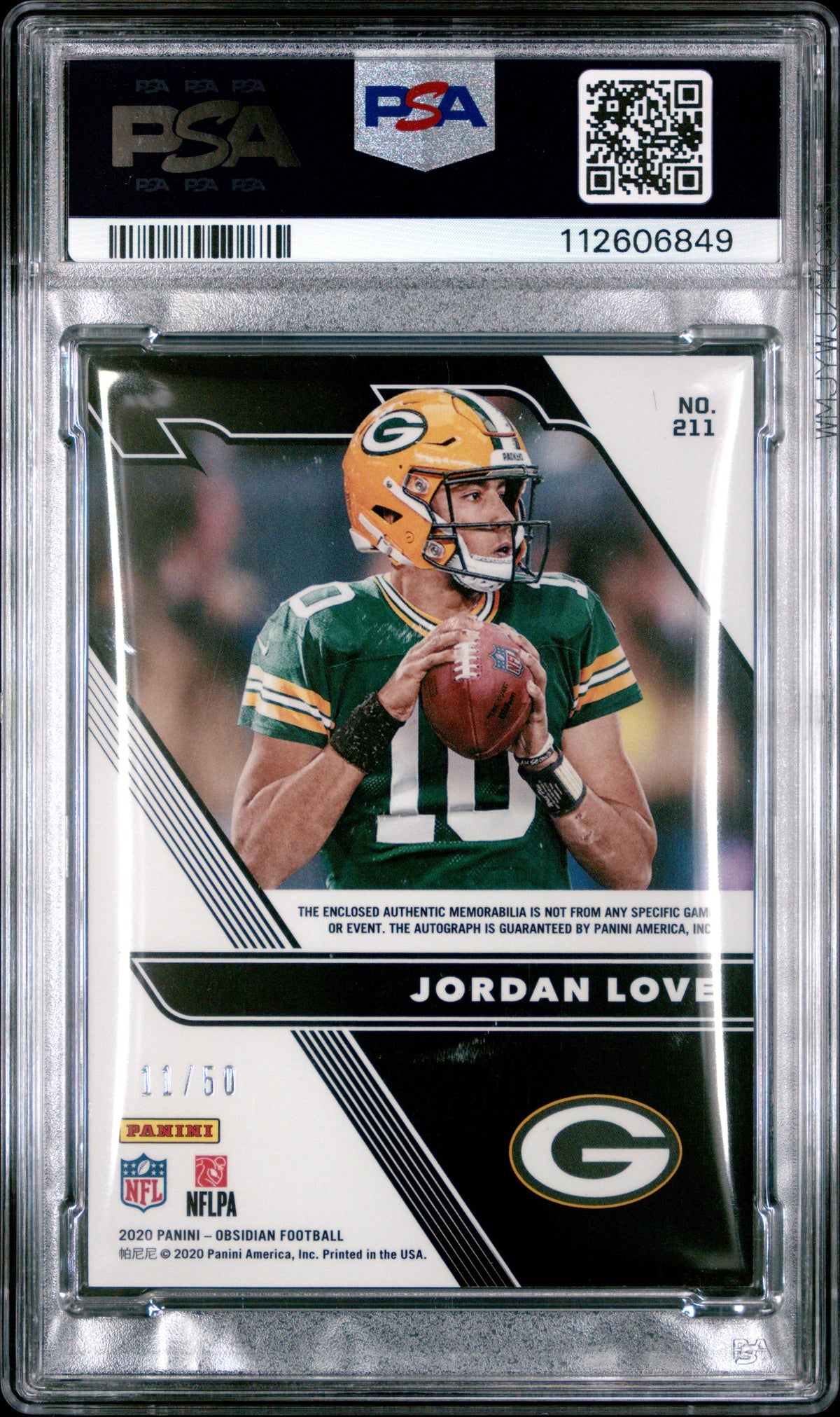 Jordan Love RC 2020 Panini Obsidian Electric Etch Green Rookie Patch Auto SP 11/50 PSA 9