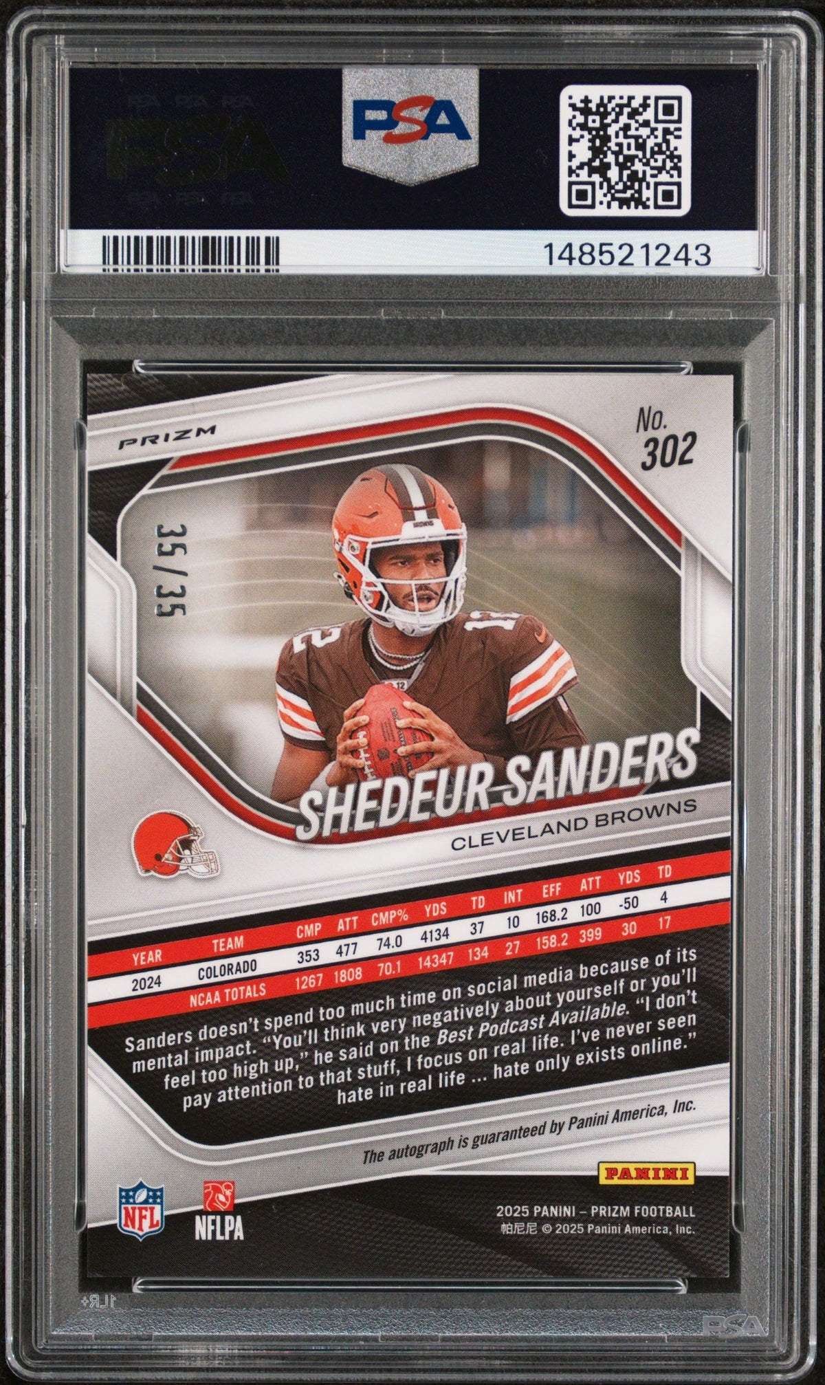 Shedeur Sanders 2025 Panini Prizm Autograph-Red Shimmer 35/35 #302 PSA 9