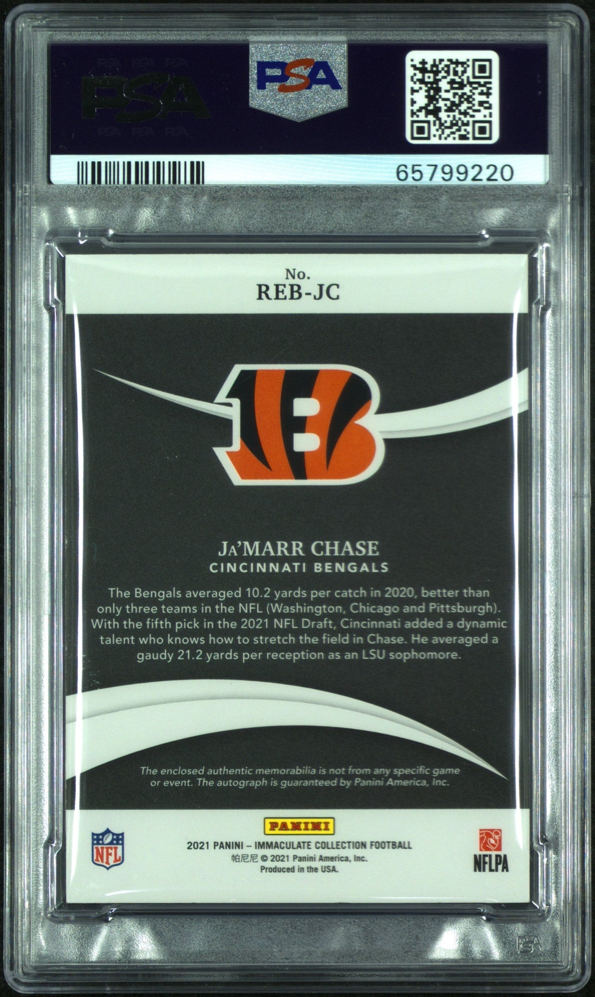 Ja'Marr Chase 2021 Panini Immaculate Collection Rookie Eye Black Jersey Autographs Rk. Eye Blk. Js. Au-Gold 9/25 #JC PSA 9 Auto 9