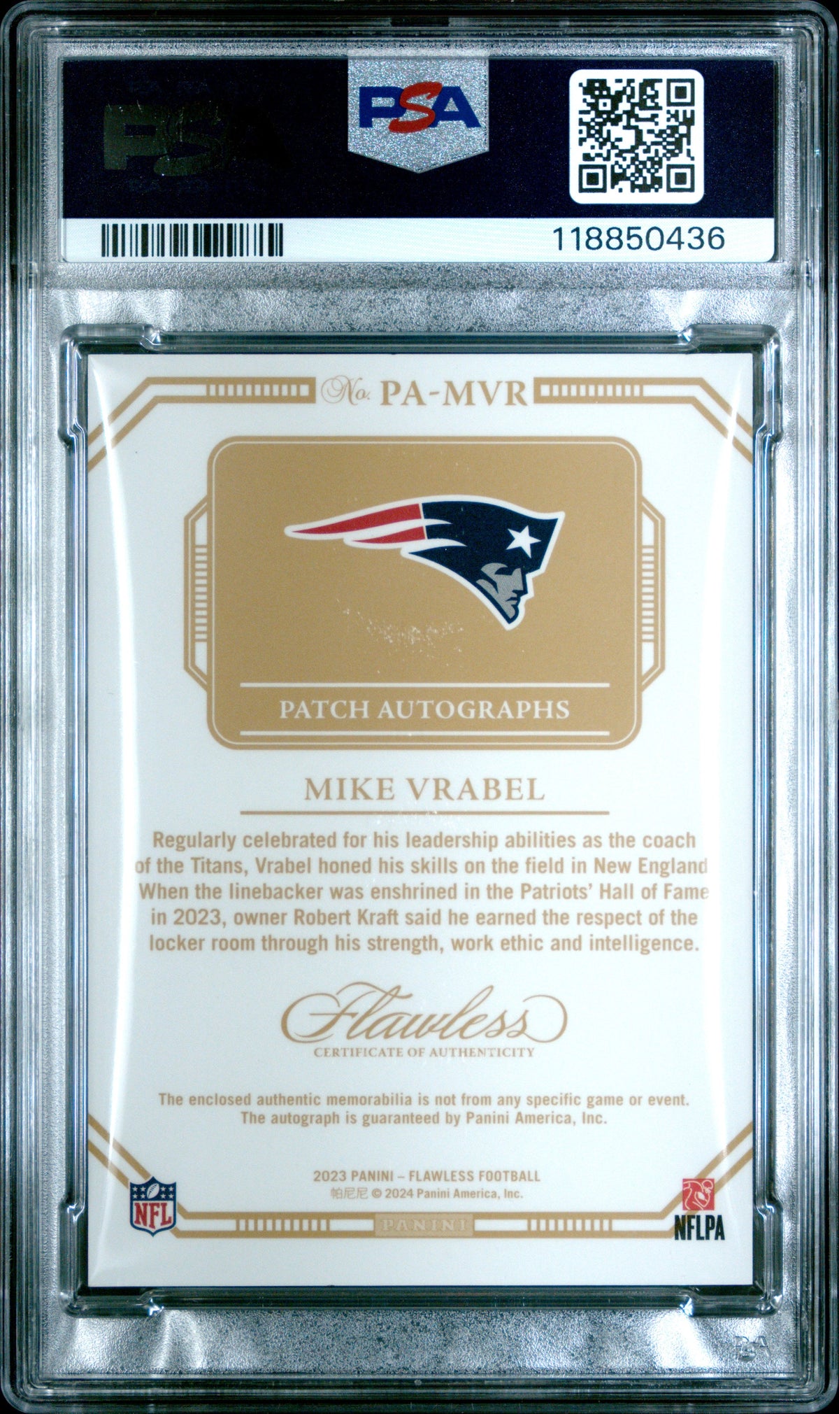 Mike Vrabel 2023 Panini Flawless Patch Autographs 11/25 #PAMVR PSA 9