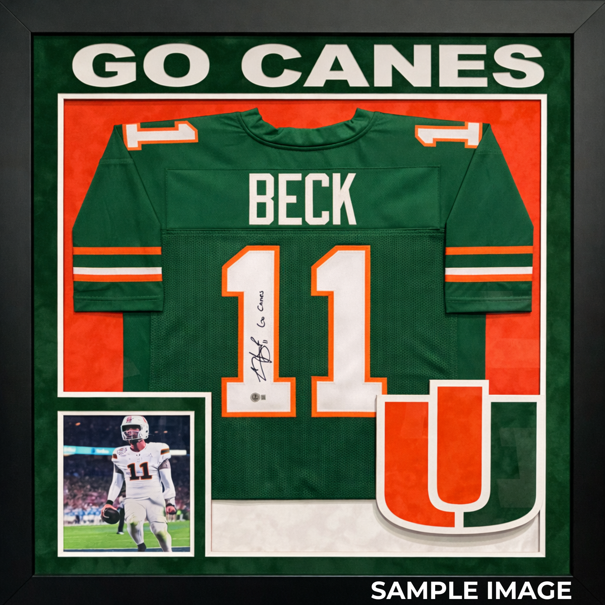 Framed Carson Beck Autographed Go Canes Green Custom Jersey