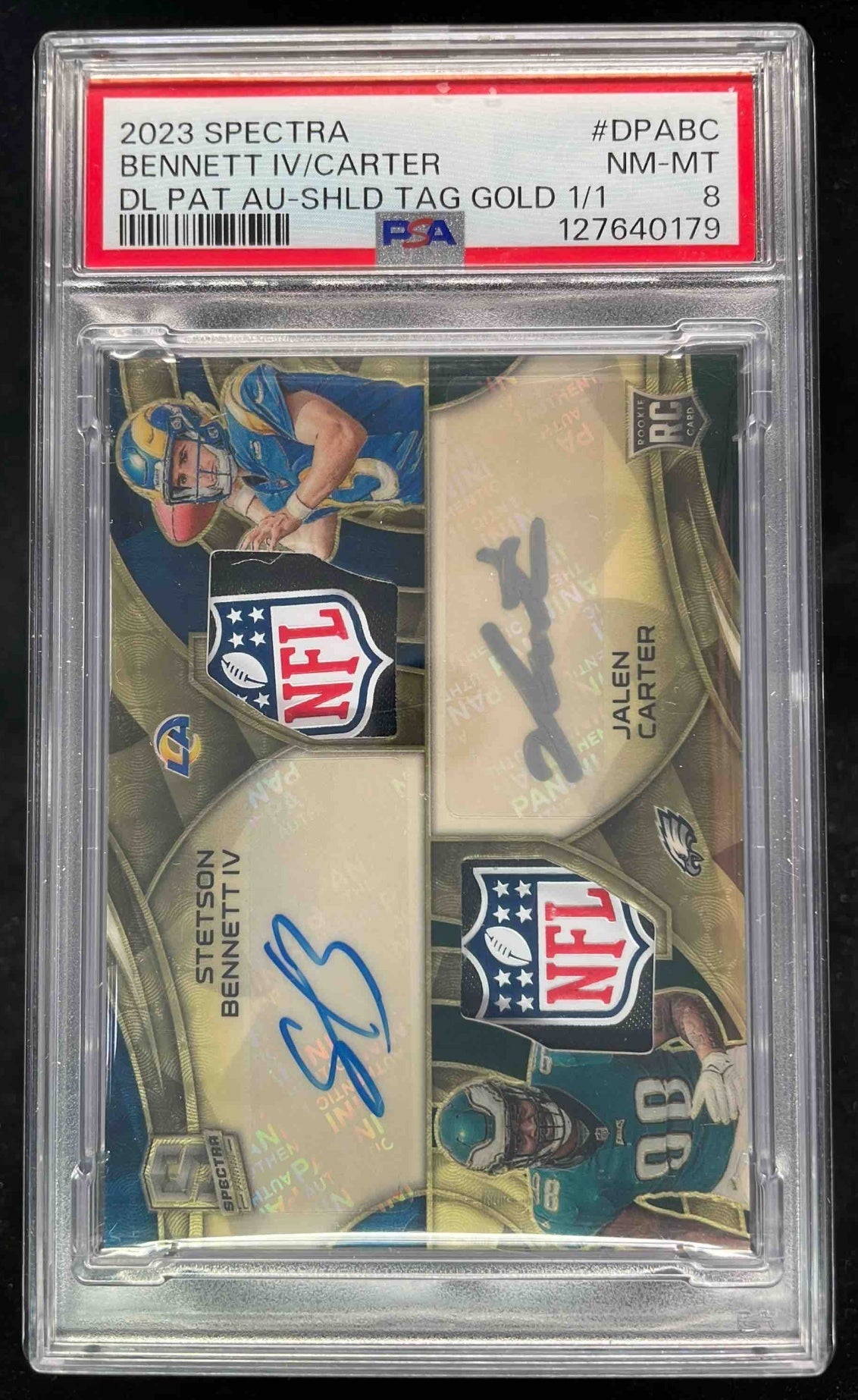 2023 Spectra Auto Gold NFL Shield Stetson Bennett IV Jalen Carter RC 1/1 PSA 8