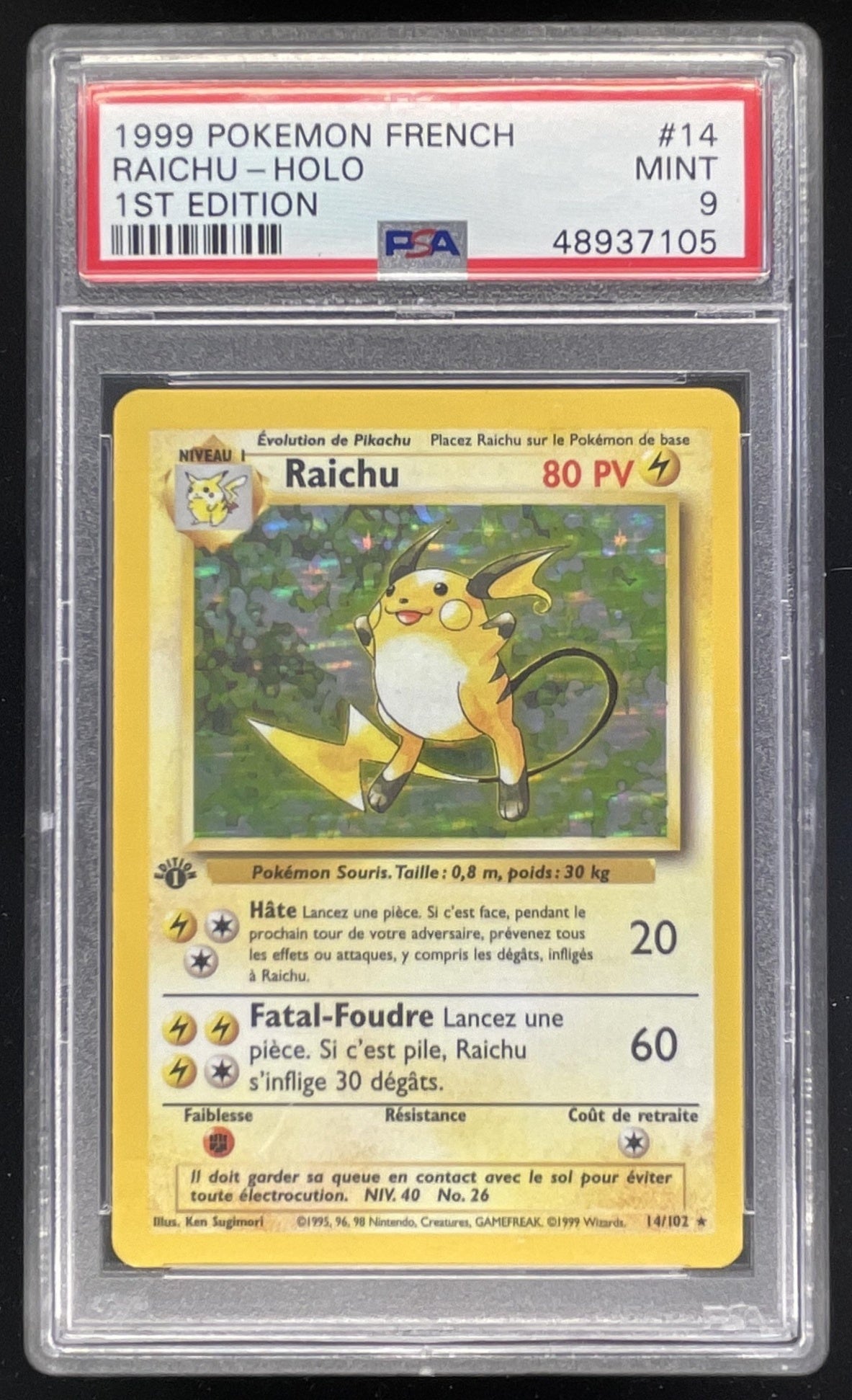 1999 Pokemon Shadowless Set #14/102 Raichu Holo PSA 9