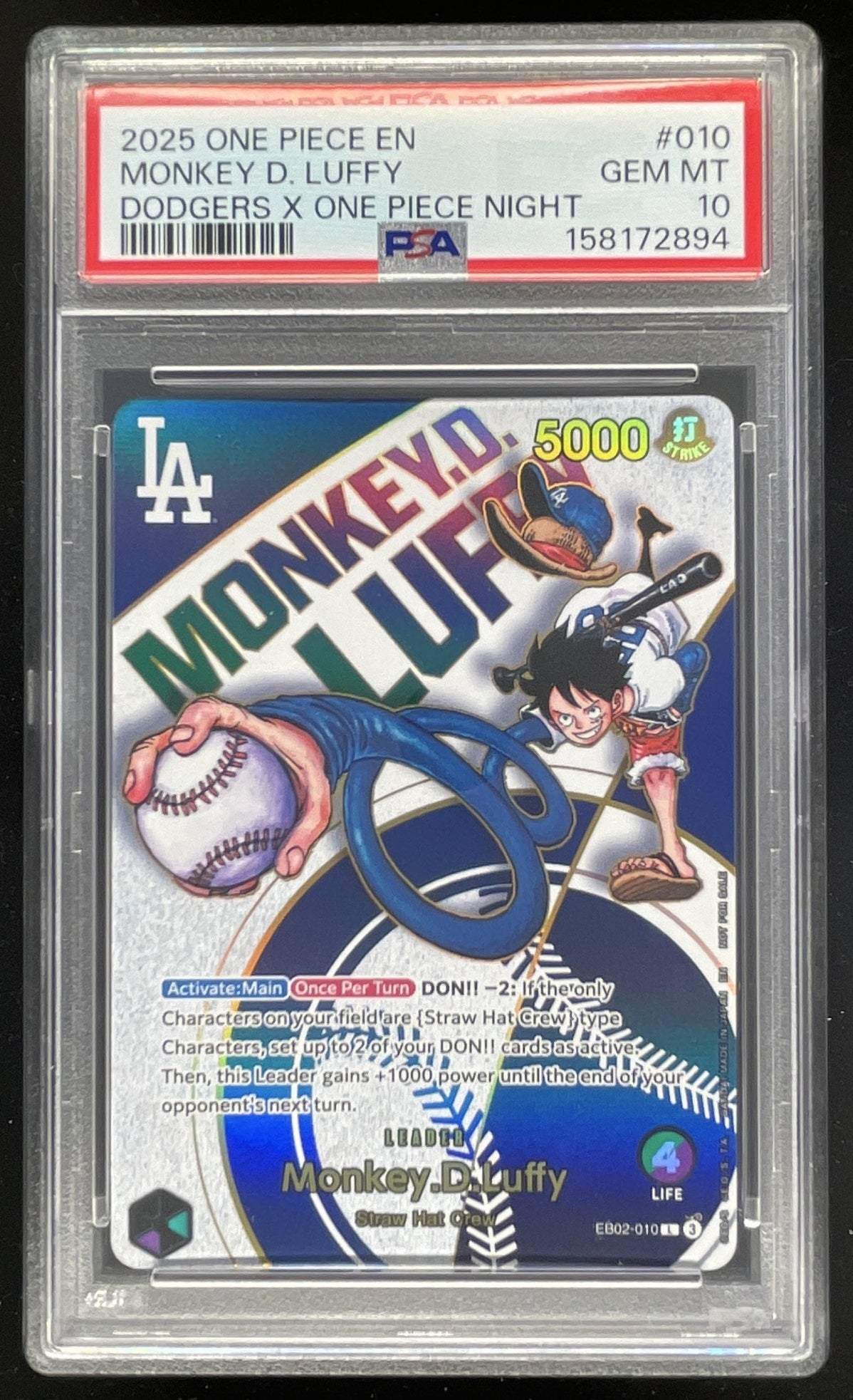 2025 One Piece LA Dodgers x One Piece Night #010 Monkey D Luffy PSA 10