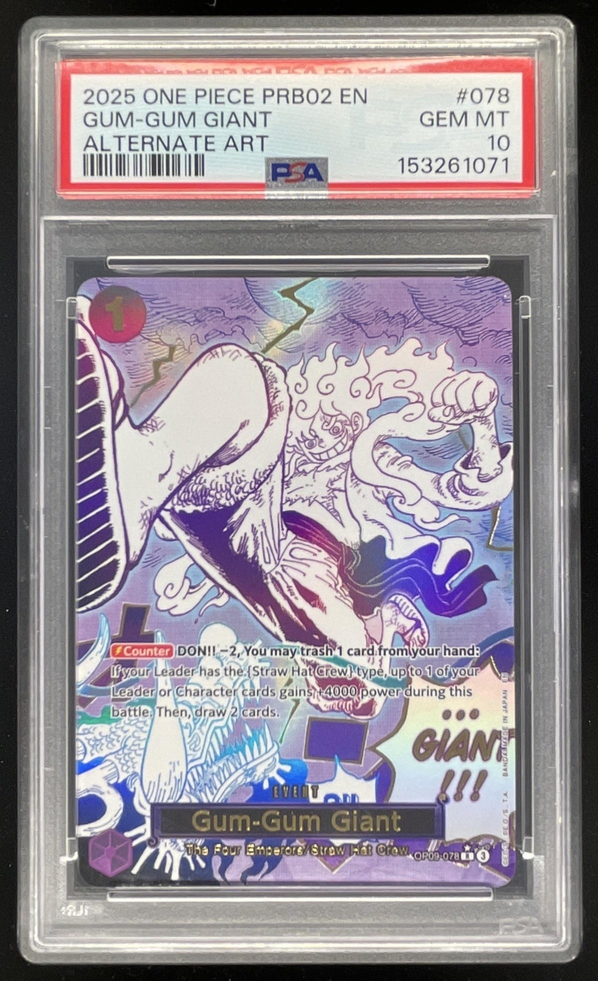 2025 One Piece The Best Vol. 2 Rare Alt Art #OP09-078 Gum-Gum Giant PSA 10