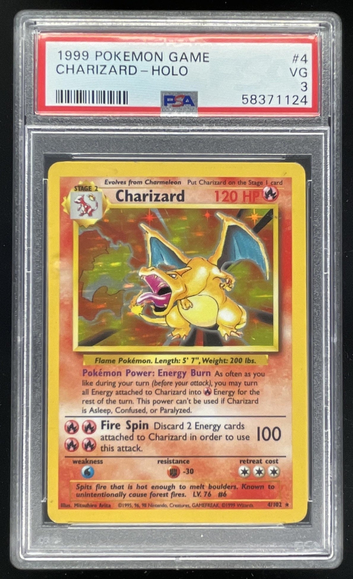 1999 Pokemon Unlimited Set #4/102 Charizard Rare Holo PSA 3