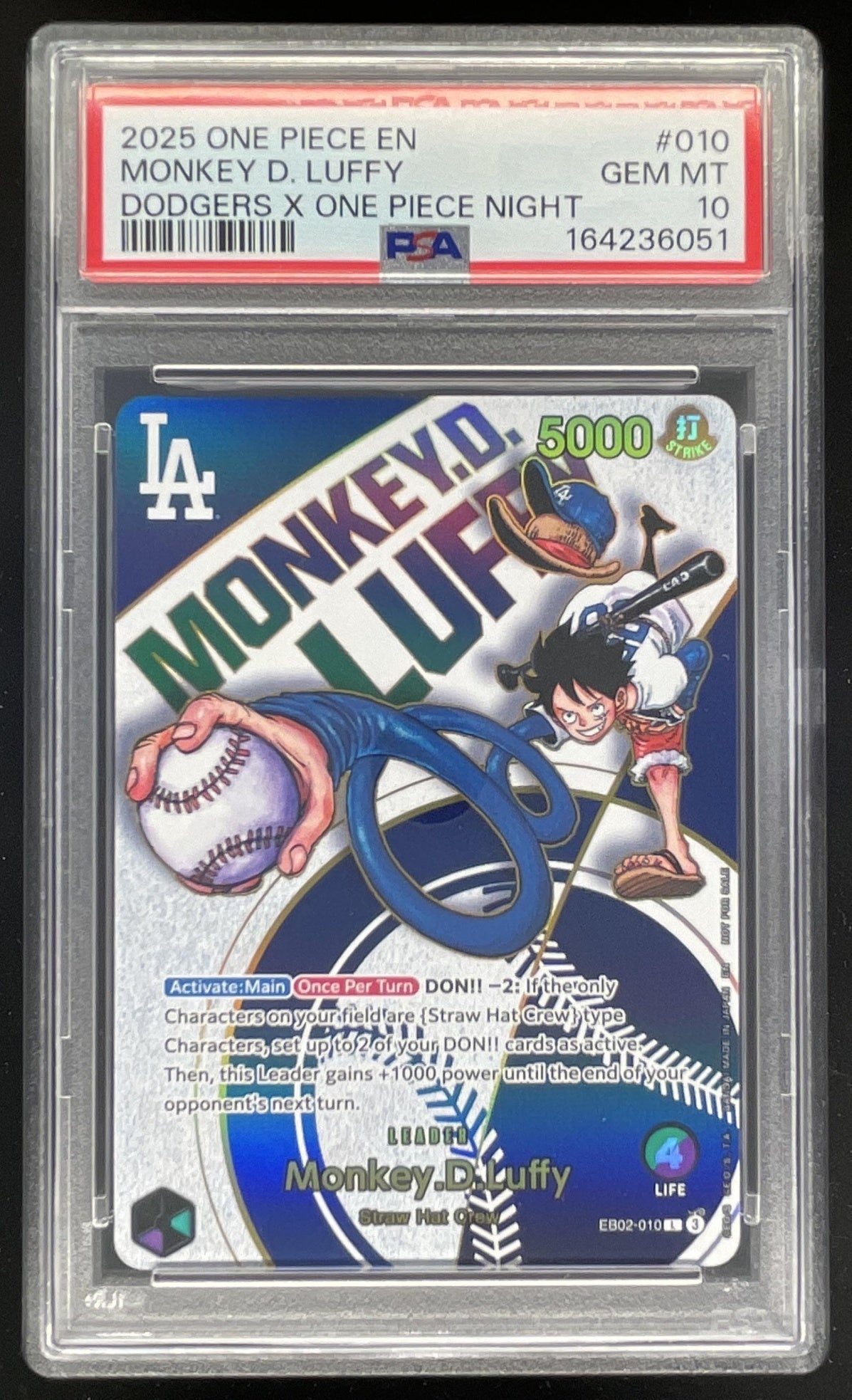 2025 One Piece LA Dodgers x One Piece Night #010 Monkey D Luffy PSA 10