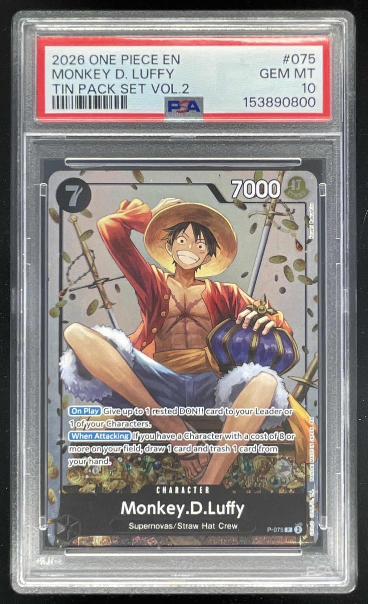 2026 One Piece Tin Pack Set Vol. 2 #P-075 Monkey D. Luffy PSA 10
