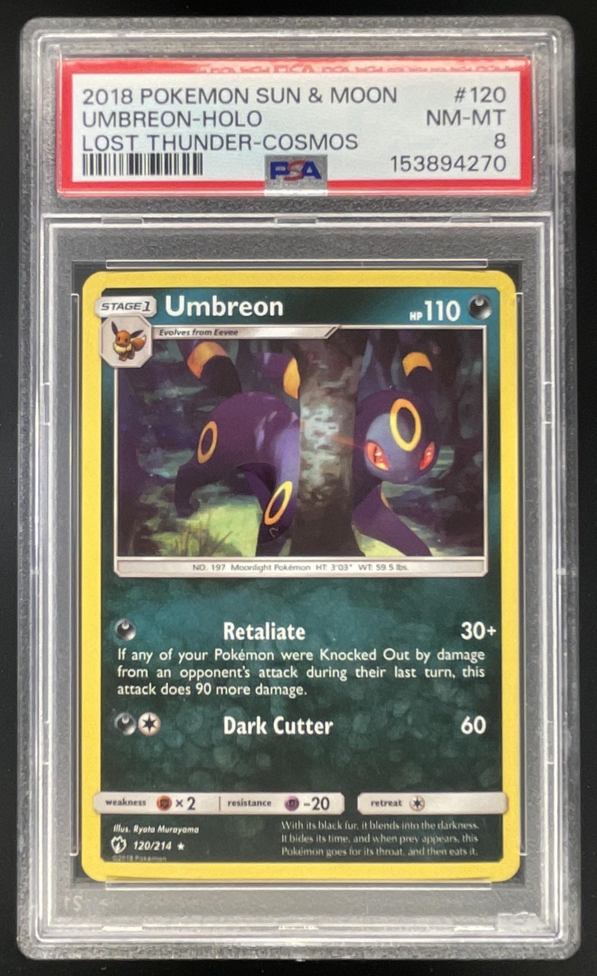 2018 Pokemon Sun & Moon Lost Thunder #120/214 Umbreon Holo PSA 8
