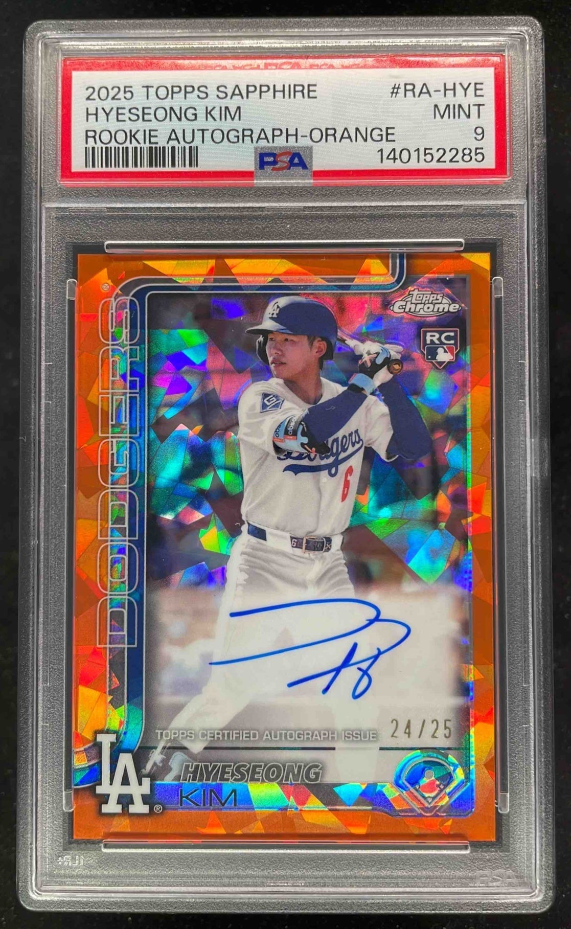 2025 Topps Chrome Sapphire Rookie Orange #RA-HYE Hyeseong Kim RC Auto /25 PSA 9