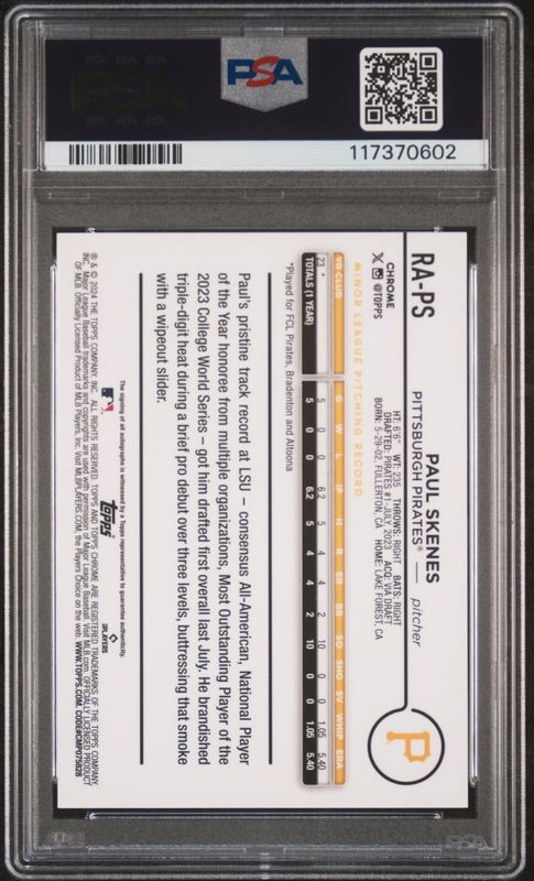 2024 Topps Chrome Update Chrome Baseball Update Series Autographs Paul Skenes #RAPS Blue Refractor PSA 9