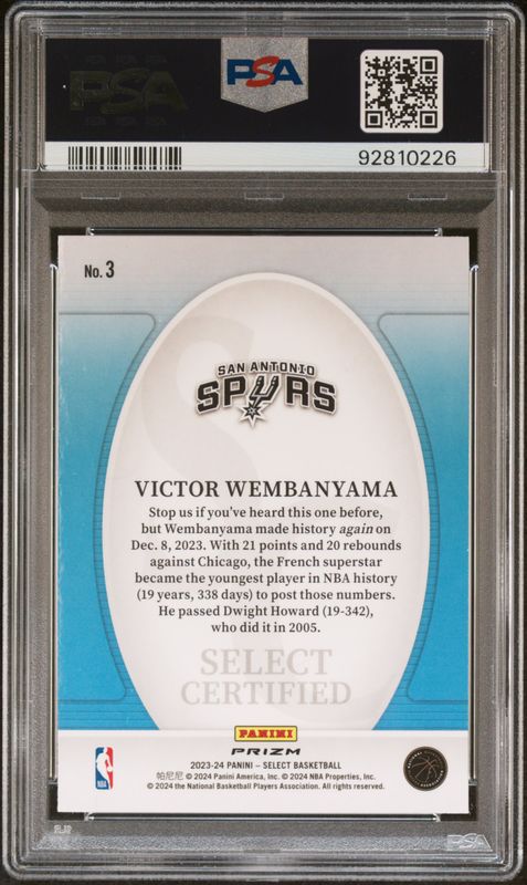 2023 Panini Select Select Certified Victor Wembanyama #3 Green Prizm PSA 10