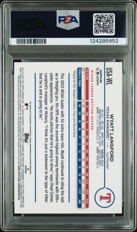 2024 Topps Chrome Sapphire Update Series Chrome Sapphire Autographs Wyatt Langford #WL Green PSA 10