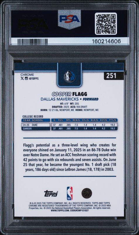 2025 Topps Chrome Cooper Flagg #251 PSA 10