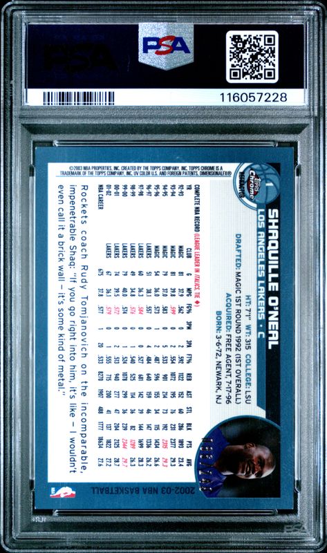 2002 Topps Chrome Shaquille O'Neal #1 White Refractor PSA 9