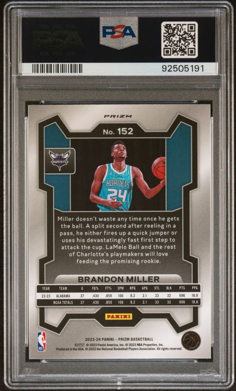 2023 Panini Prizm Brandon Miller #152 Silver Prizm PSA 10