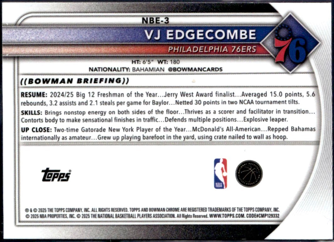 Vj Edgecombe RC 2025-26 Bowman Chrome Etched In Glass Variation Rookie SSP