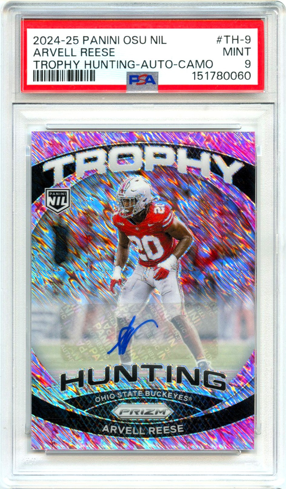 Arvell Reese RC 2024 Panini OSU Prizm Camo Trophy Hunting Rookie Auto PSA 9
