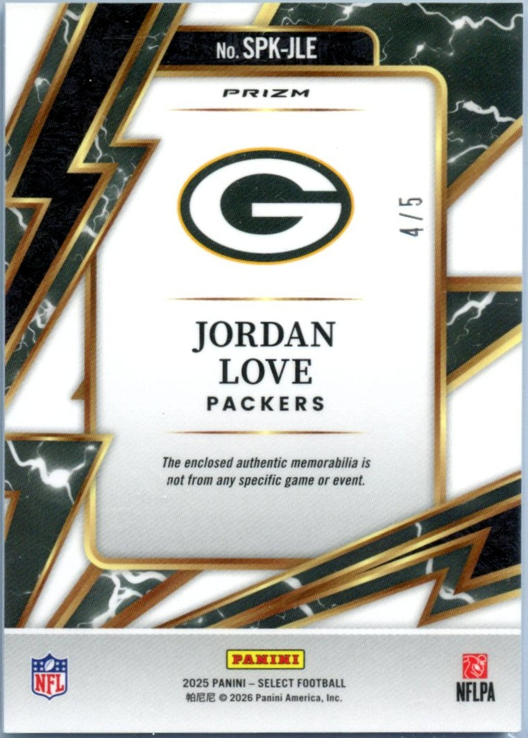 Jordan Love 2025 Panini Select Green Prizm Sparks Patch SP 4/5