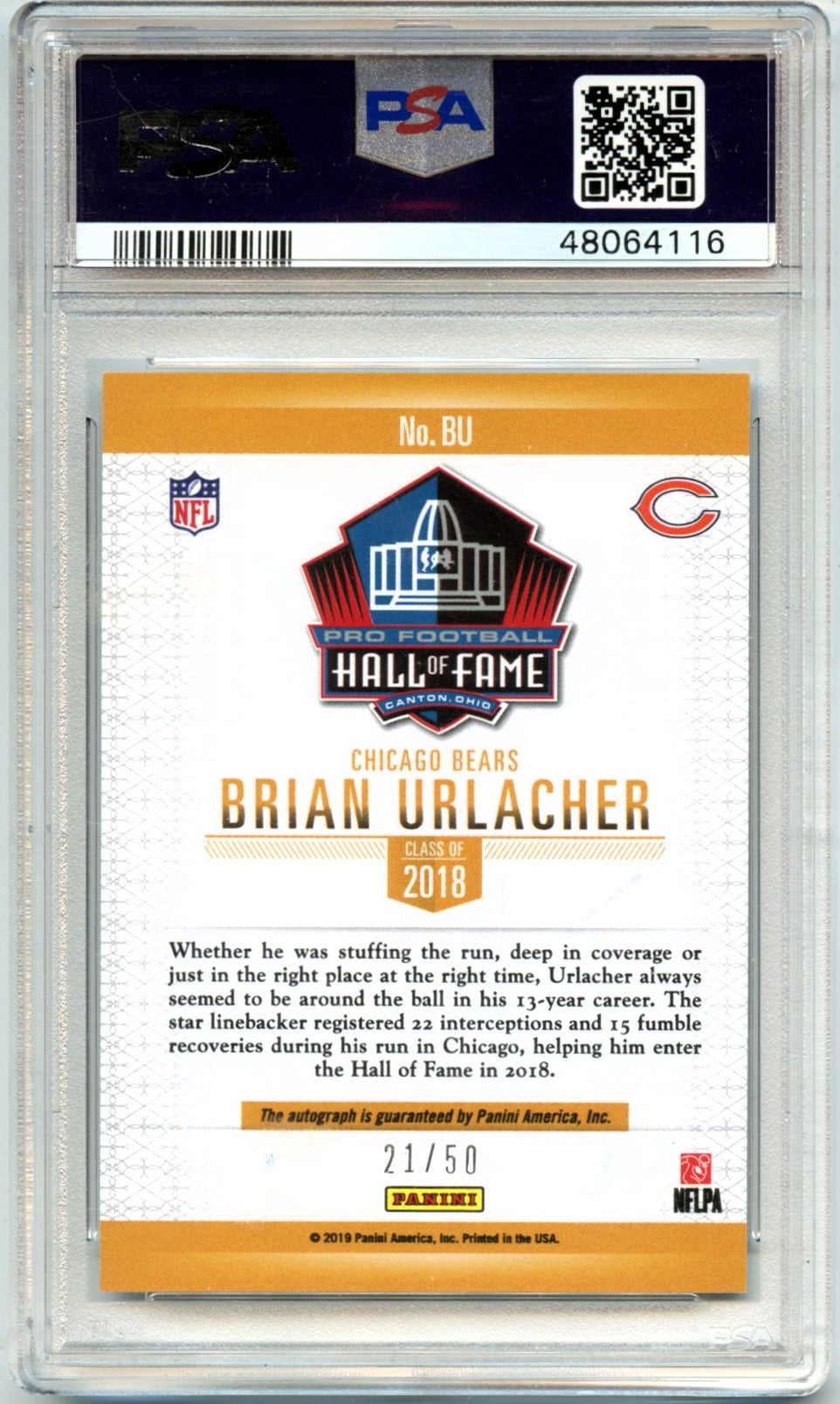 Brian Urlacher 2019 Panini National Convention VIP Hall Of Fame Auto SP 21/50 PSA 9