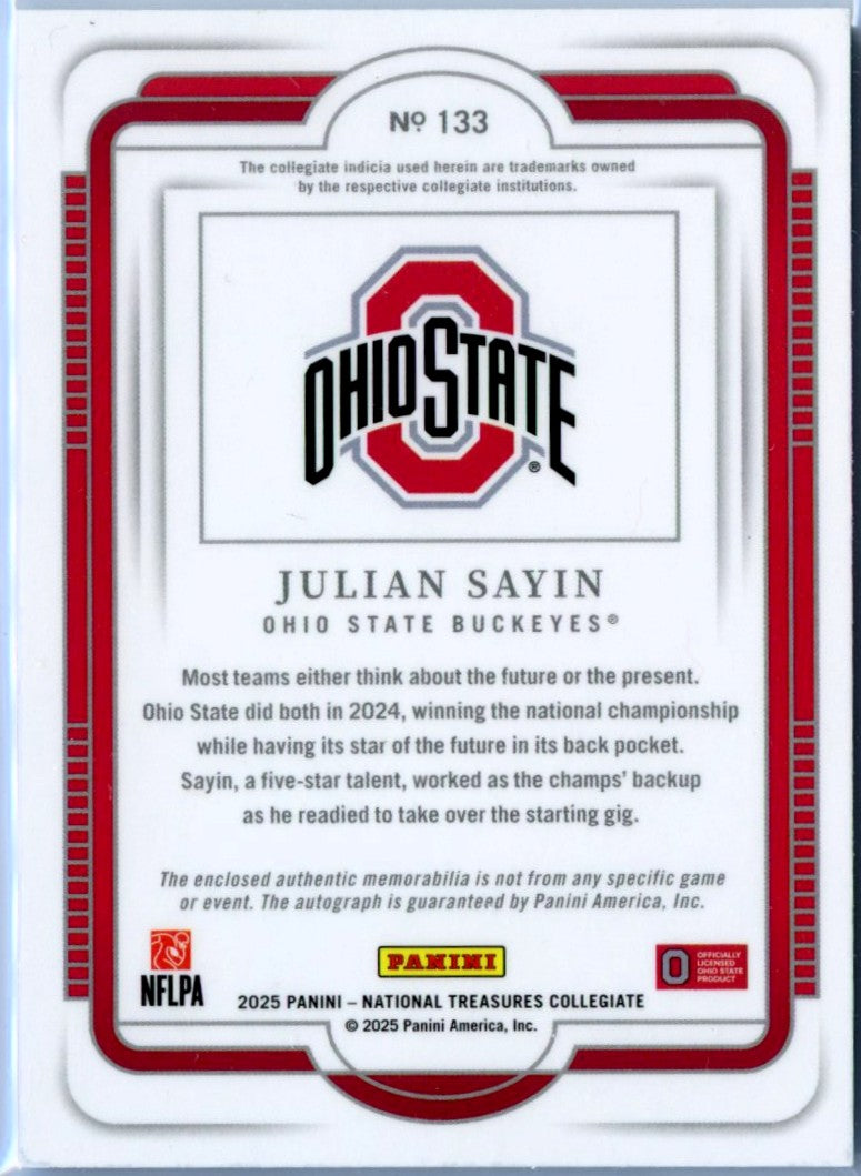 Julian Sayin RC 2025 National Treasures Collegiate Rookie Patch Auto SP 88/99