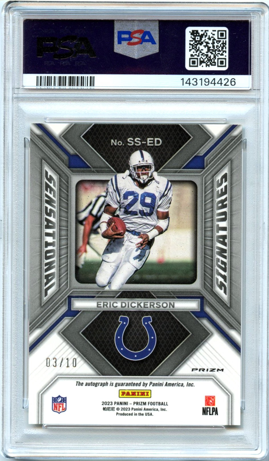 Eric Dickerson 2023 Panini Prizm Gold Sensational Auto SP 3/10 PSA 10