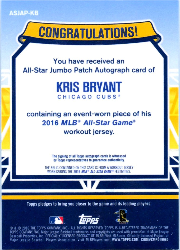 Kris Bryant 2016 Topps All Star Game Event Used Patch Auto SP 6/6