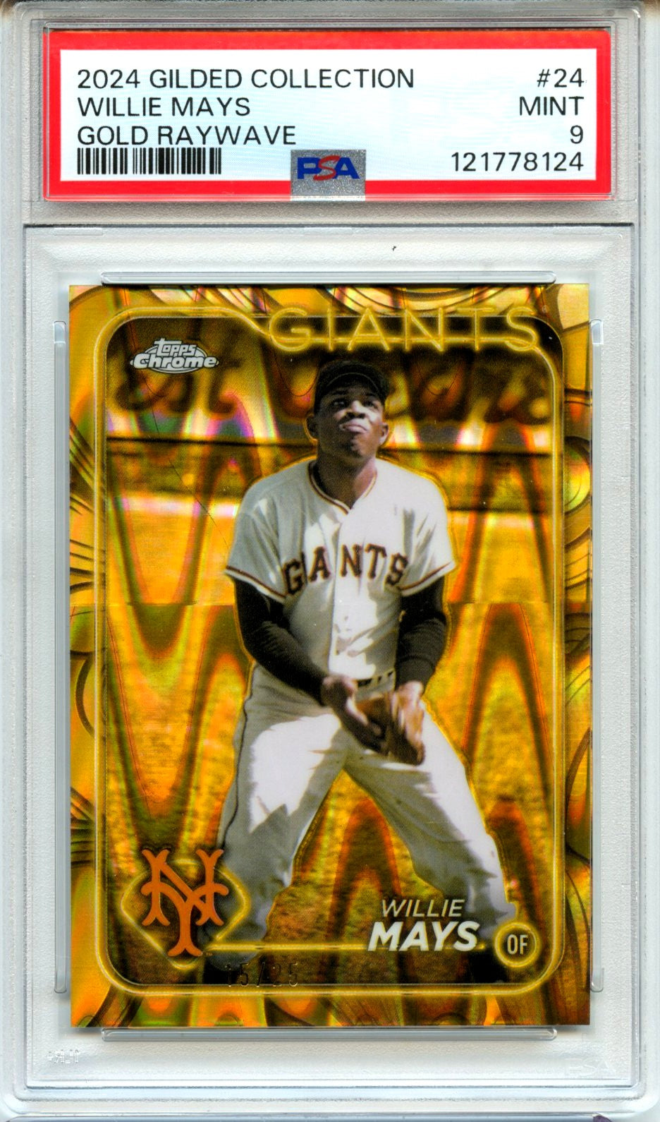 Willie Mays 2024 Topps Gilded Collection Gold Raywave SP 15/25 PSA 9
