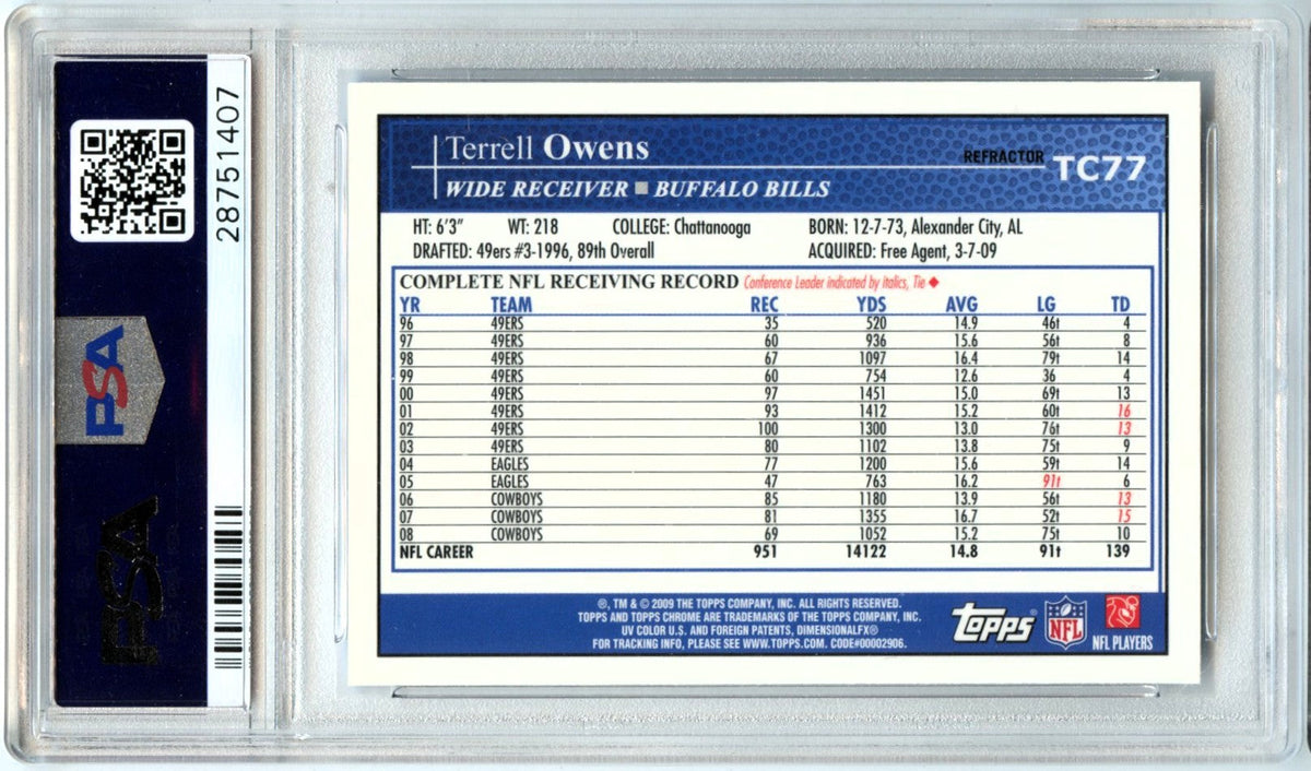 Terrell Owens 2009 Topps Chrome Blue Refractor PSA 10