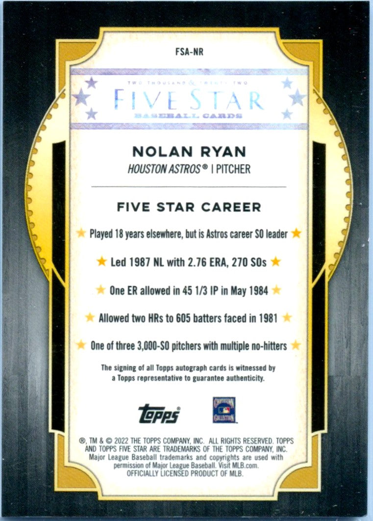 Nolan Ryan 2022 Topps Five Star Purple Auto SP 41/50