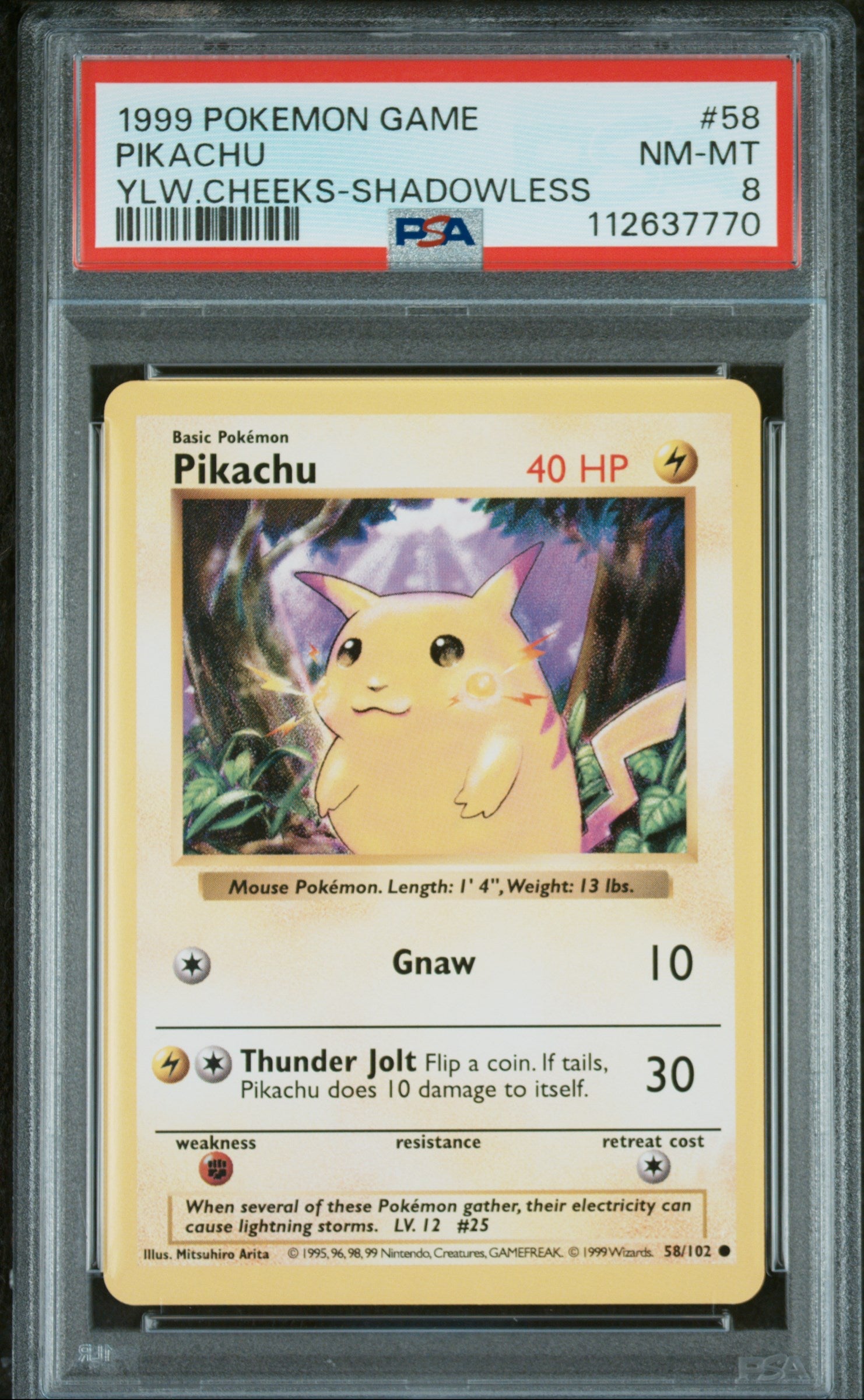 1999 Pokemon Base Set Yellow Cheeks Shadowless Pikachu #58 PSA 8